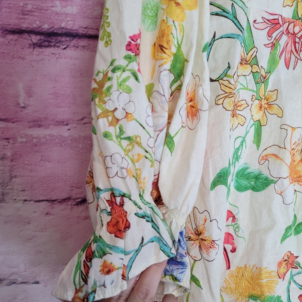 LAURA ASHELY LINEN BLEND BUTTON FRONT FLORAL PRINTED PUFF SLEEVE BOHO BLOUSE L - Picture 6 of 12